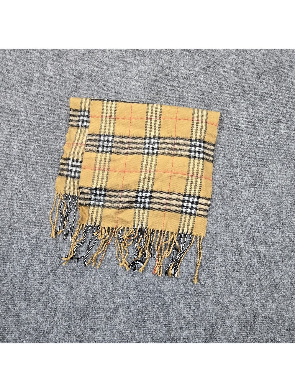 100% Cashmere Scarf Made in Scotland Tan Plaid Fringe 11 x 63.5